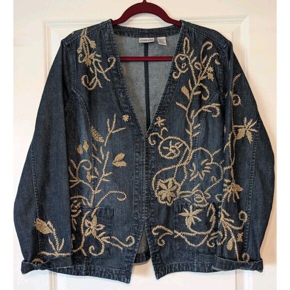 Chico's Dark Wash Floral Embroidered Denim Jean Jacket Women's Size 2 (12/L) - Picture 1 of 11
